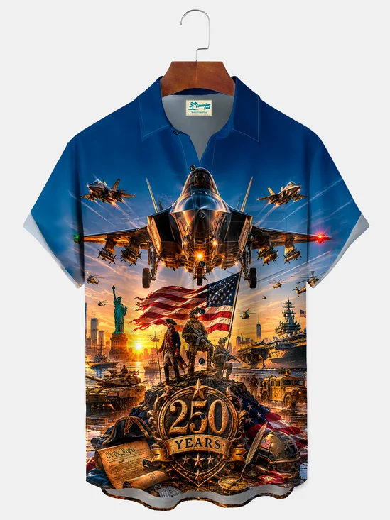 Royaura® Men's Holiday USA Patriotic 250 Years American Flag Military Fighter Jet  Print Button-Down Short-Sleeve Shirt Big & Tall
