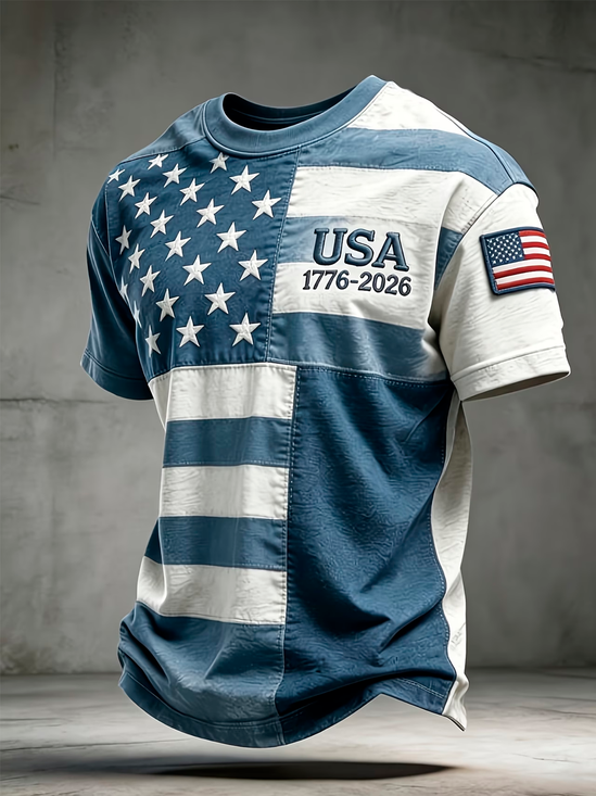 Royaura® Men's Holiday Patriotic USA 1776-2026 Semicolon Flag Patchwork Style Casual Print Retro Round Neck Short Sleeve Big & Tall