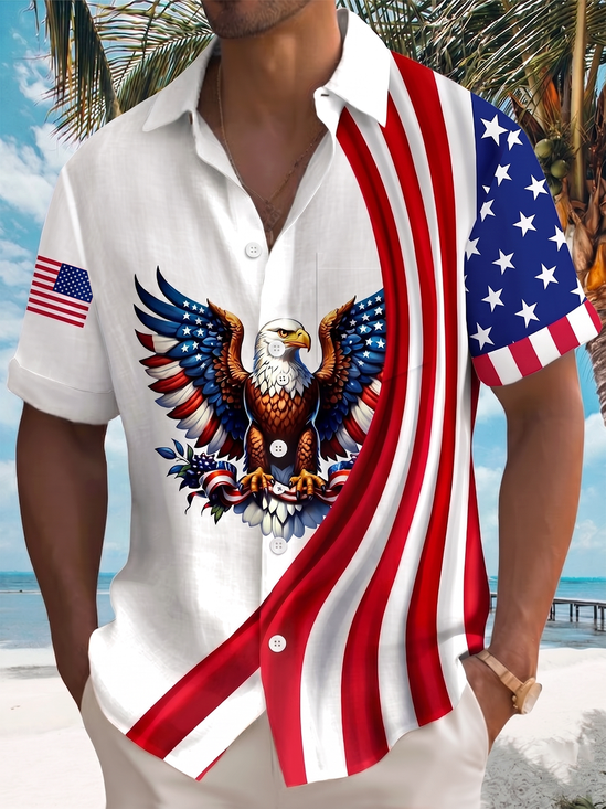 Royaura® Men's Holiday 250th Majestic Bald Eagle Star-Spangled Banner Motif Asymmetric Patriotic Layout Print Retro Button Down Short-Sleeve Big & Tall