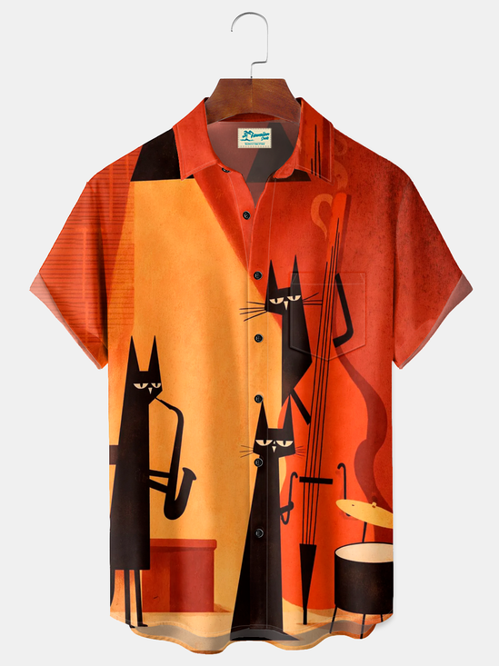 Royauar® Men's Vintage Retro Jazz Cats Music Band Print Retro Button Down Short-Sleeve Big & Tall