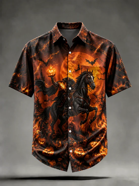Royaura® Men’s Halloween Headless Horseman Black Horse Pumpkin Full Moon Bat Forest Flame Gothic Print Button Down Short-Sleeve Shirt Big & Tall