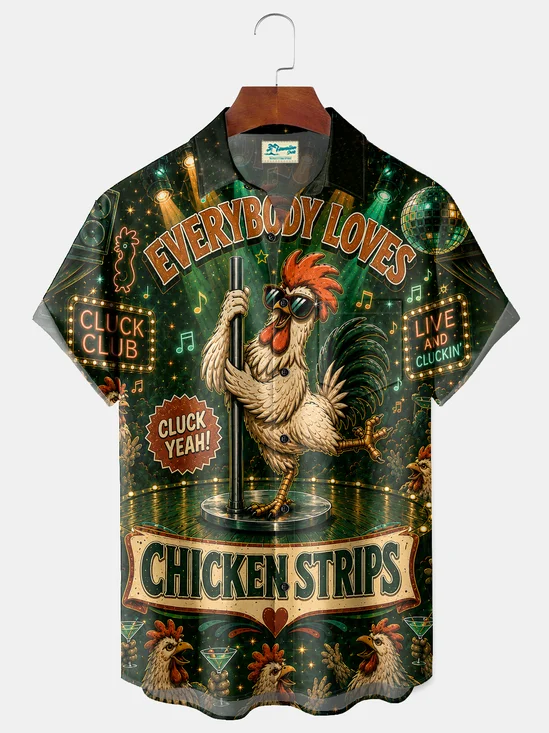 Royaura® Men’s Vintage Funny Chicken Dance Club Print Button Down Short-Sleeve Shirt Big & Tall