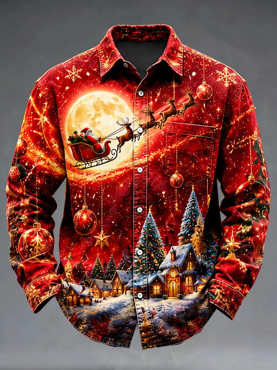 Royaura® Men’s Holiday Casual Christmas Santa Sleigh Winter Village Retro Print Button Down Long-Sleeve Shirt Big & Tall