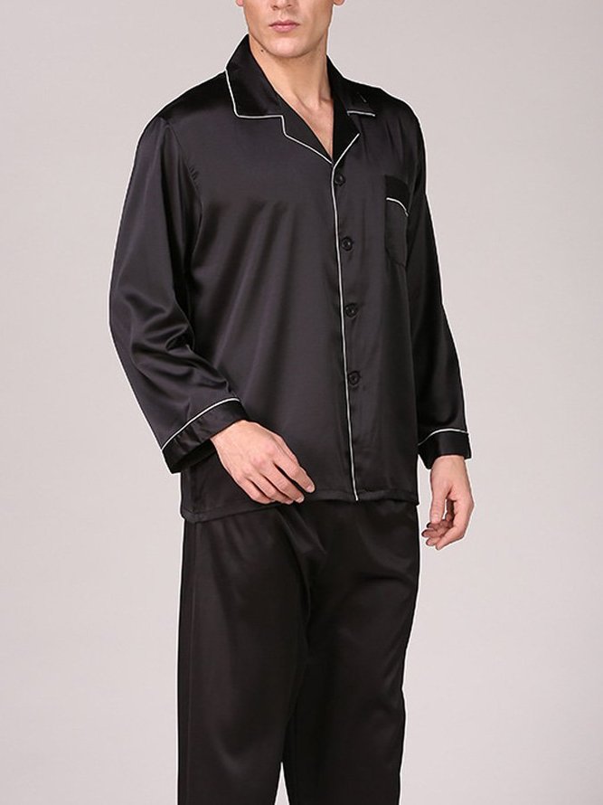 Men's Silk Lapel Pajamas Sets Long Sleeve  2Pcs Solid Color Suit
