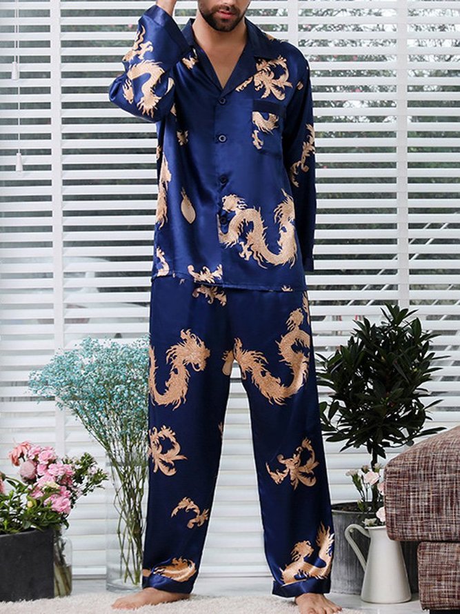 Mens long sleeve silk pajamas set Dragon Printed loungewear