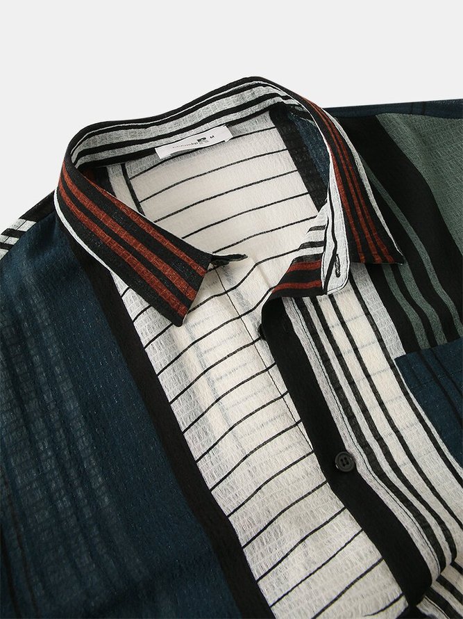 Men's Vintage Contrast Striped Cotton Blend Short Sleeve Shirt