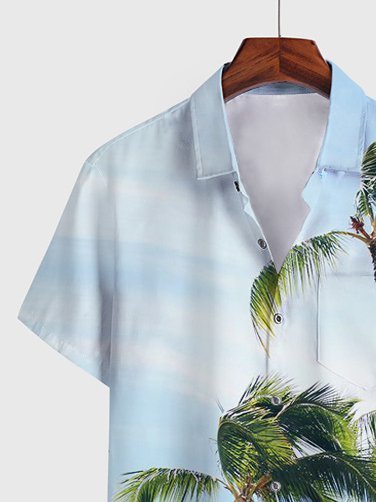 Men's Hawaiian Shirt Holiday Pattern Coconut Print Blue Cotton Blend Short Sleeve Shirt For Couples