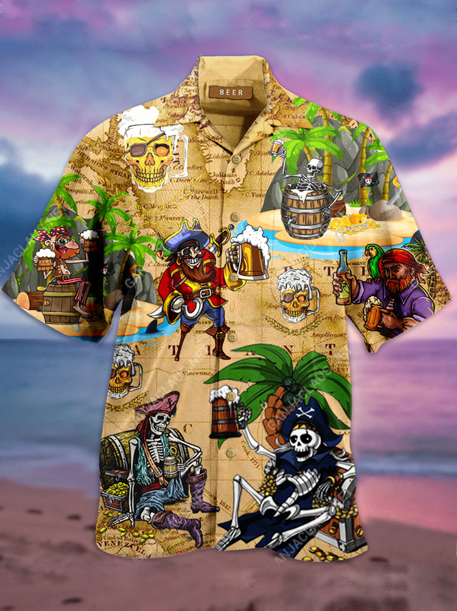 Men's Vintage Pirate Shirts Halloween Mardi Gras Skull Printed Original Short Sleeve Tops