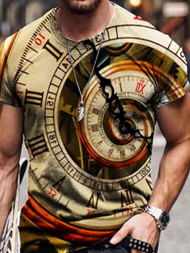 Men's crypto gear print T-shirt abstract clock tee casual crew neck tops