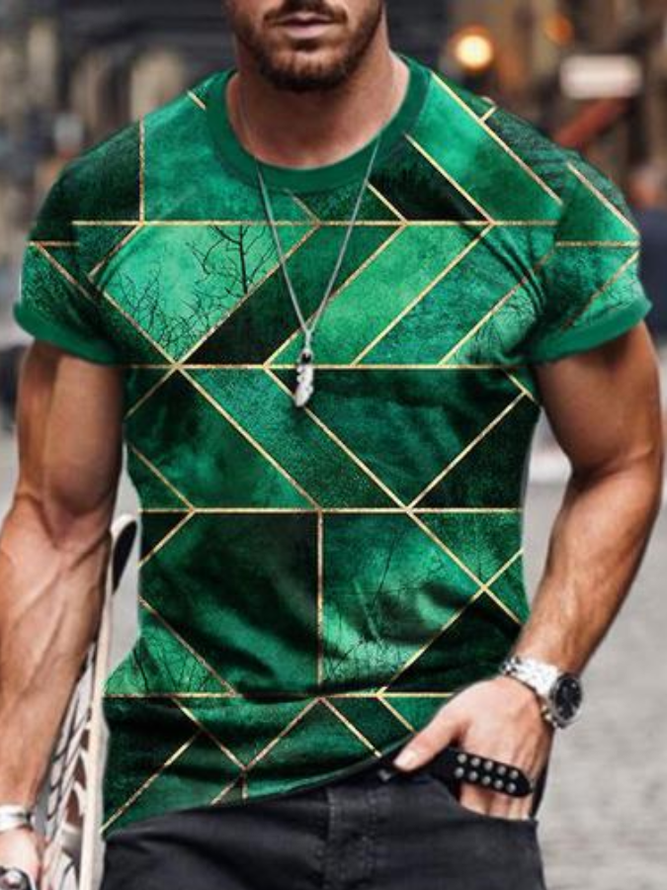 Green Houndstooth Casual Crew Neck Shirts & Tops