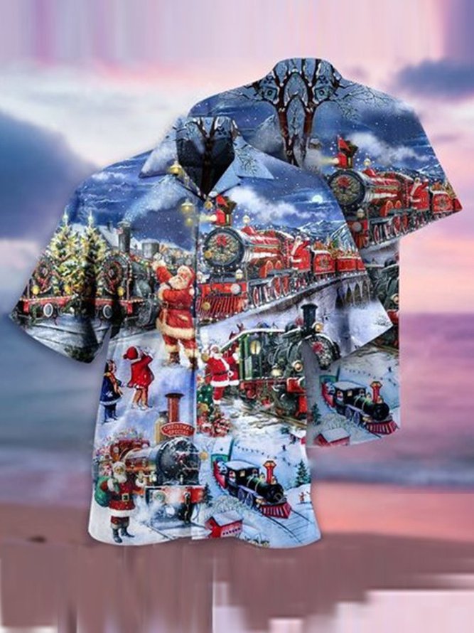 Royaura Men's Christmas Santa Short Sleeve Claus Train Gifts Xmas Themed Shirts