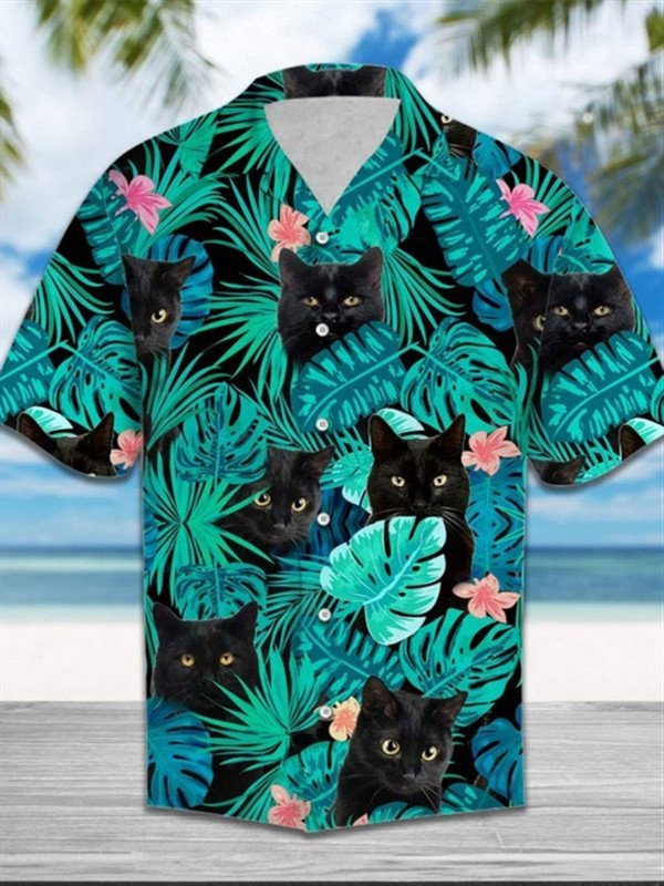 Men's Floral Hawaiian Shirt Cute Cat Vacation Shirt