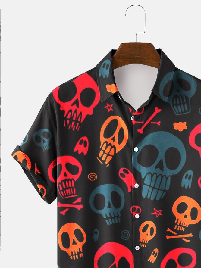 Men's Halloween Skull Printed Shirts Cotton-Blend short Sleeve Tops
