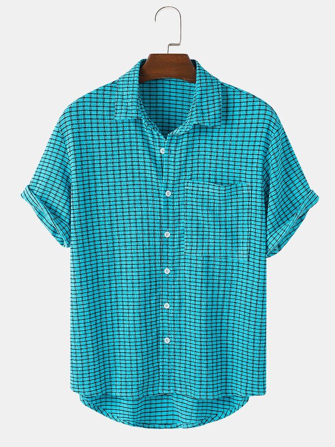 Mens Grid Print Lapel High Low Short Sleeve Shirts With Pocket
