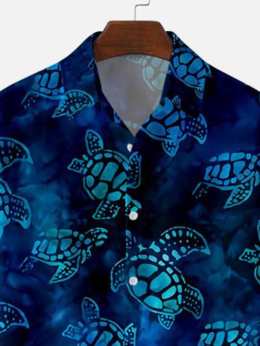 Mens Sea Turtle Ocean Creatures Print Lapel Casual Loose Short Sleeve Shirt