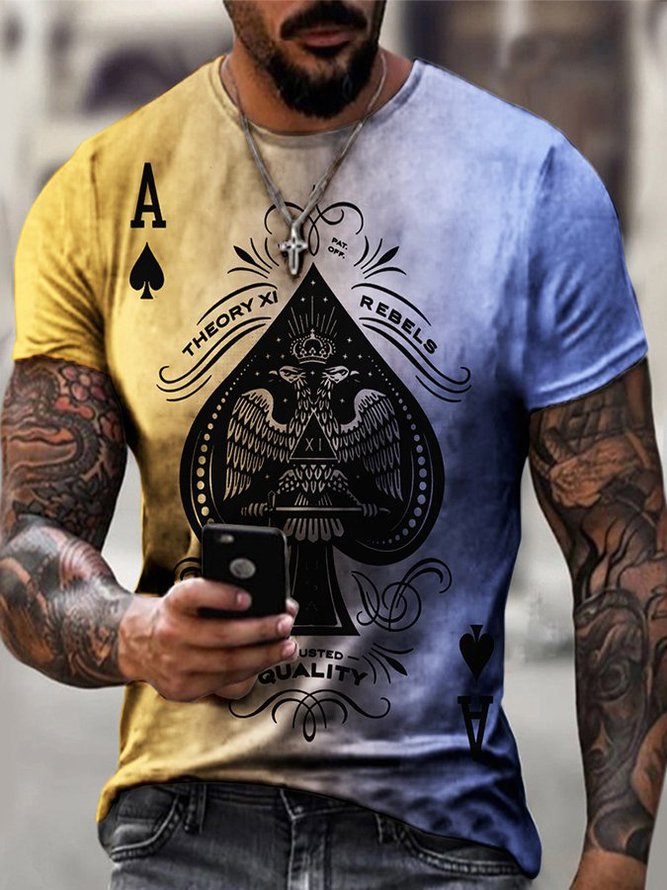 Mens O-Neck Poker Print Casual Short-Sleeved T-Shirt