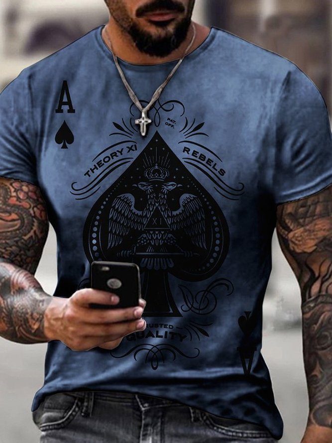 Mens O-Neck Poker Print Casual Short-Sleeved T-Shirt