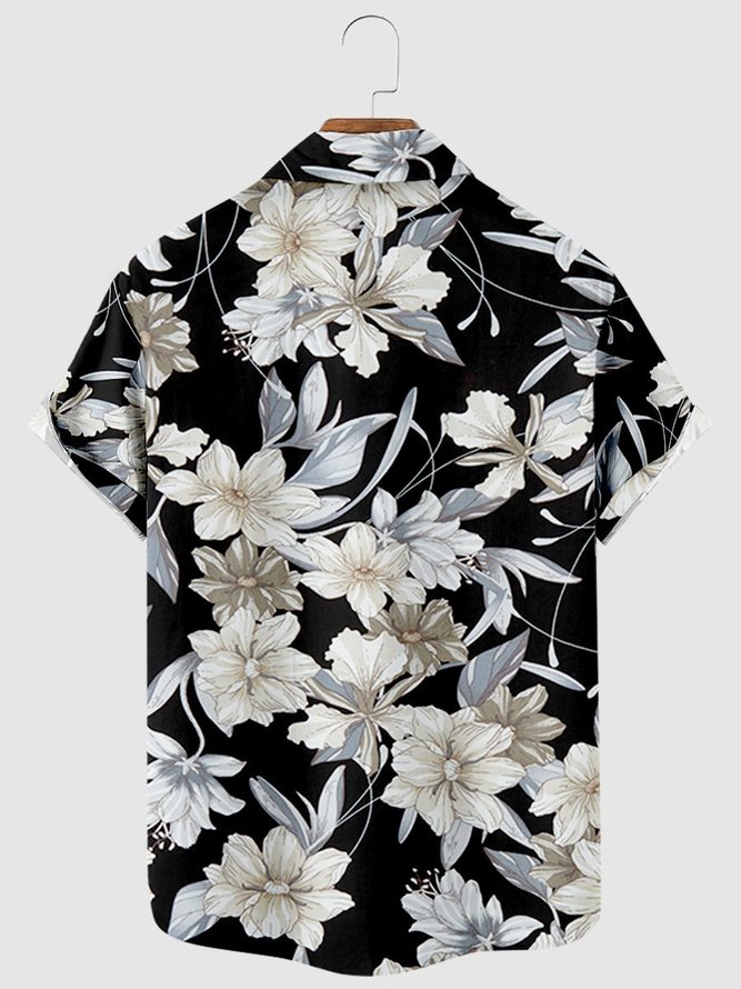 Mens Vintage Floral Print Lapel Casual Loose Short Sleeve Hawaiian Shirt