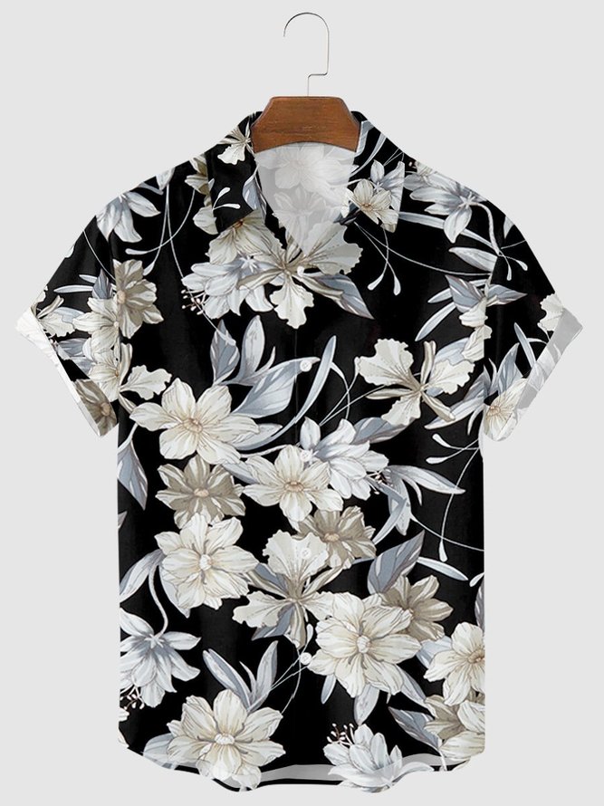 Mens Vintage Floral Print Lapel Casual Loose Short Sleeve Hawaiian Shirt