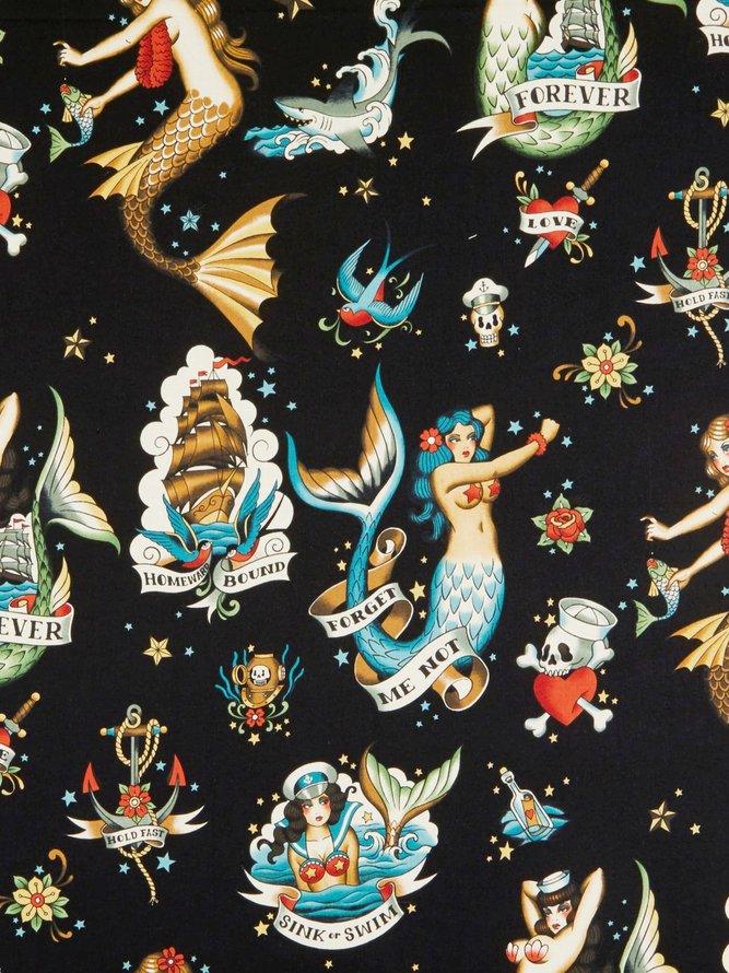 Mens Vintage Mermaid Print Lapel Casual Loose Short Sleeve Hawaiian Shirt