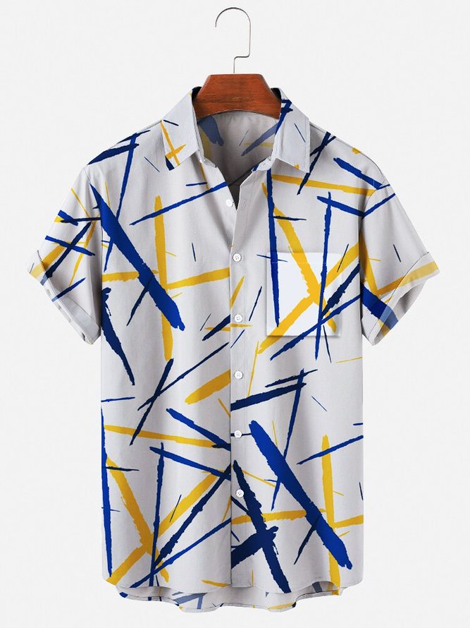 Mens Geo Print Casual Lapel Pocket Short Sleeve Hawaiian Shirts