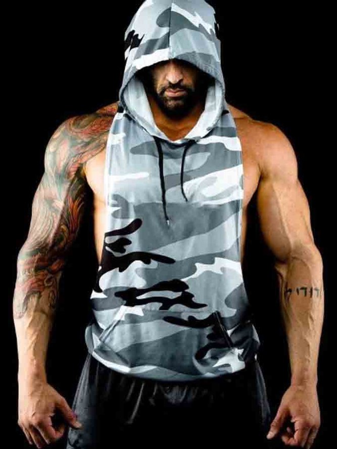 Camouflage Cotton-Blend Casual Sleeveless Hoodie