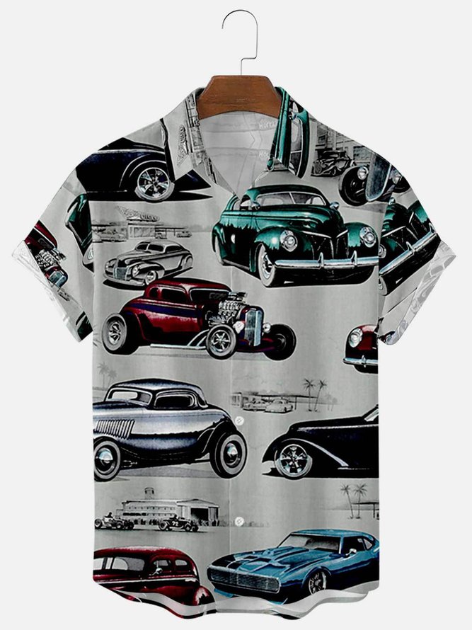 Mens Retro Cars Print Casual Lapel Short Sleeve Hawaiian Shirts