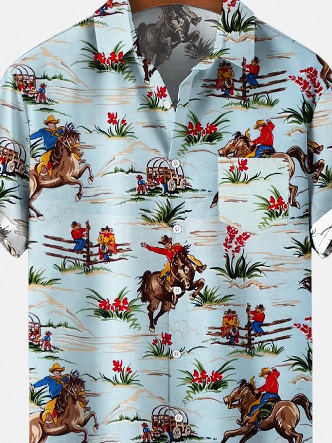 Men's Retro Cowboy Horse Shirts Lover Pocket Equestrian Casual Western Plus Size Tops