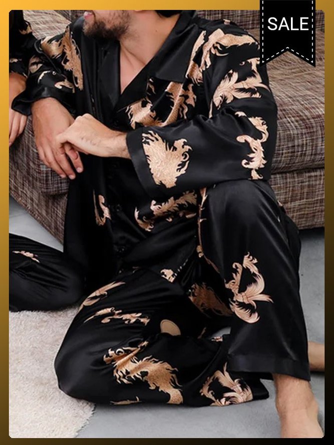 Mens long sleeve silk pajamas set Dragon Printed loungewear