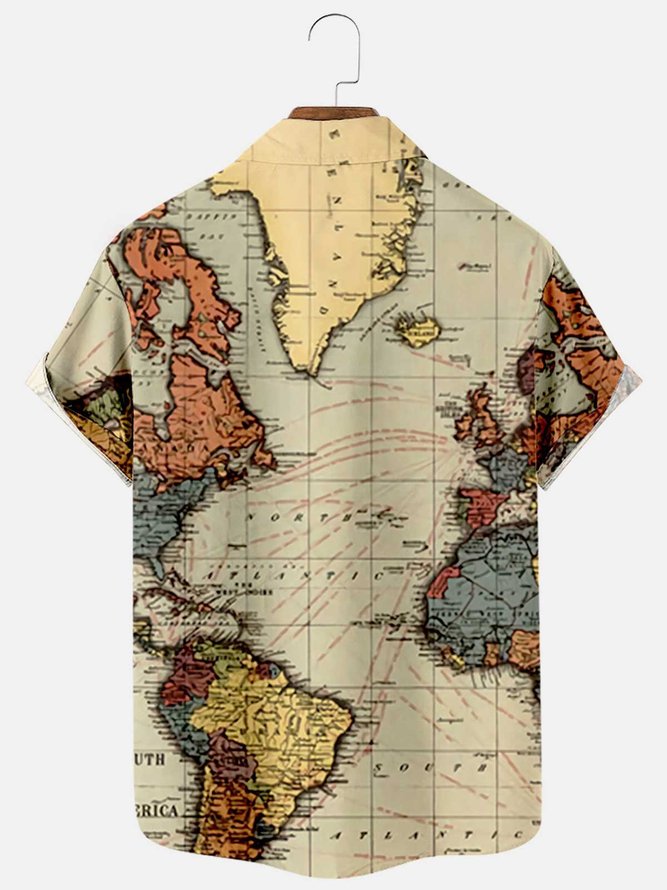 Men's Map Printed Shirts Abstract Retro Button-Down short-sleeved Tops