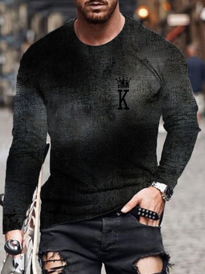 Men's Crown K Print Round Neck Long Sleeve T-Shirt