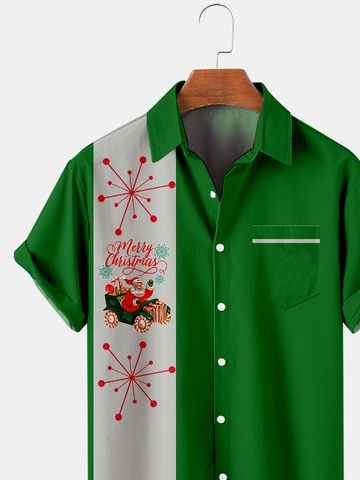 Vintage Merry Christmas Men's Shirt Pocket Short Sleeve Tops