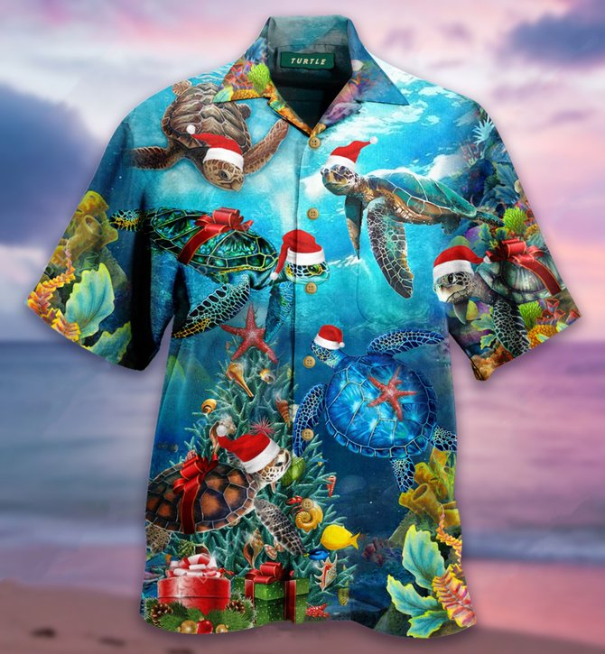 Mens Christmas Turtle Print Loose Short Sleeve Shirts