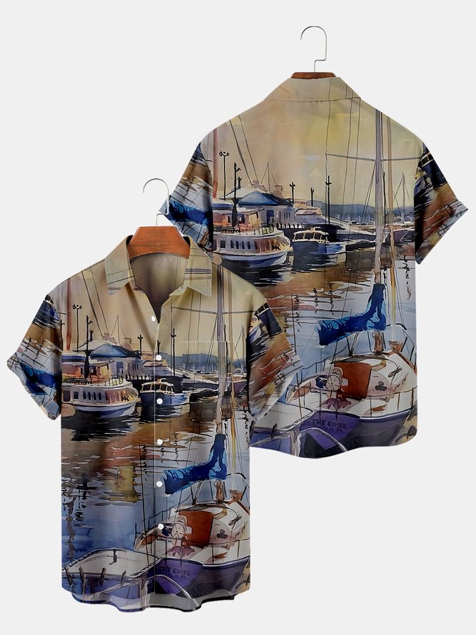 Hawaiian Vintage Abstract Seaport Vessel Men's Casual Short-sleeved Shirt