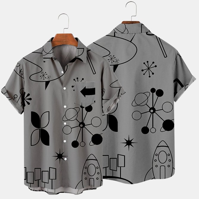 Men's Loose Planet Print Short Sleeve Shirt
