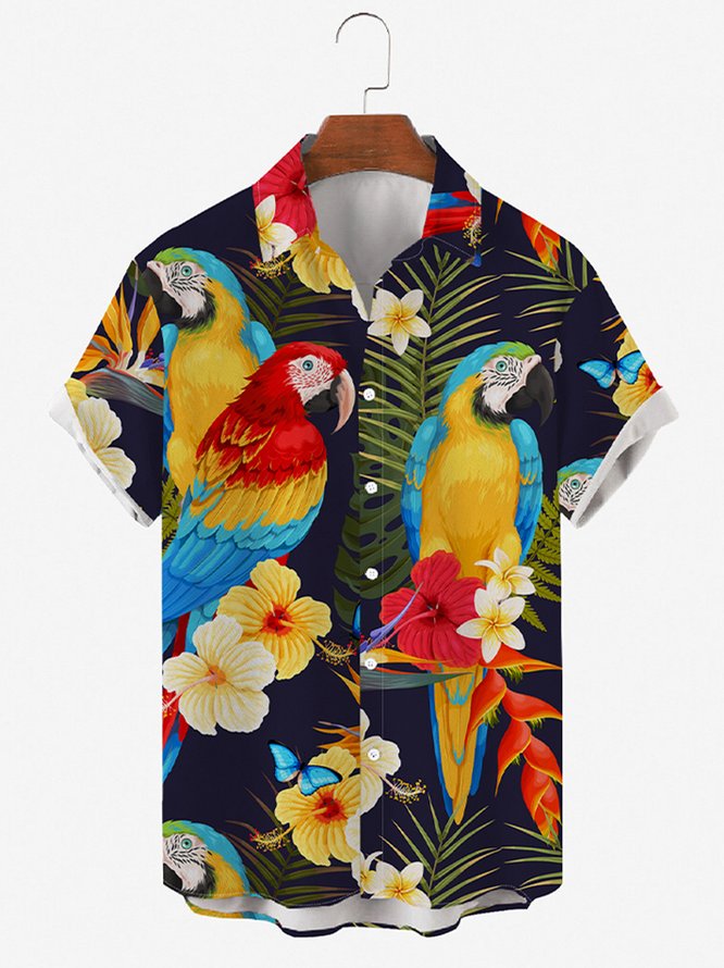 Mens Tropical True Parrots Print Round Hem Loose Short Sleeve Shirts