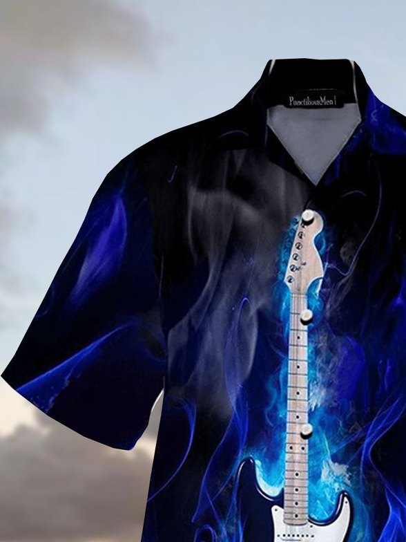 Mens Guitar Print Casual Breathable Short Sleeve Hawaiian Shirts