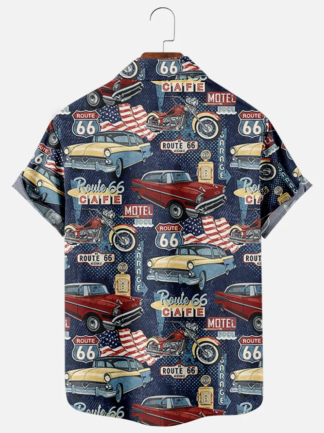 Men's Vintage Route 66 Car Print Hawaiian Shirt Wrinkle Free Plus Size