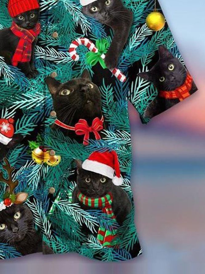 Christmas Cat Casual Printed Hawaiian Collar Shirts & Tops