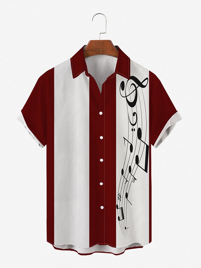 Mens Music Sheet Note Print Casual Breathable Loose Short Sleeve Bowling Shirts