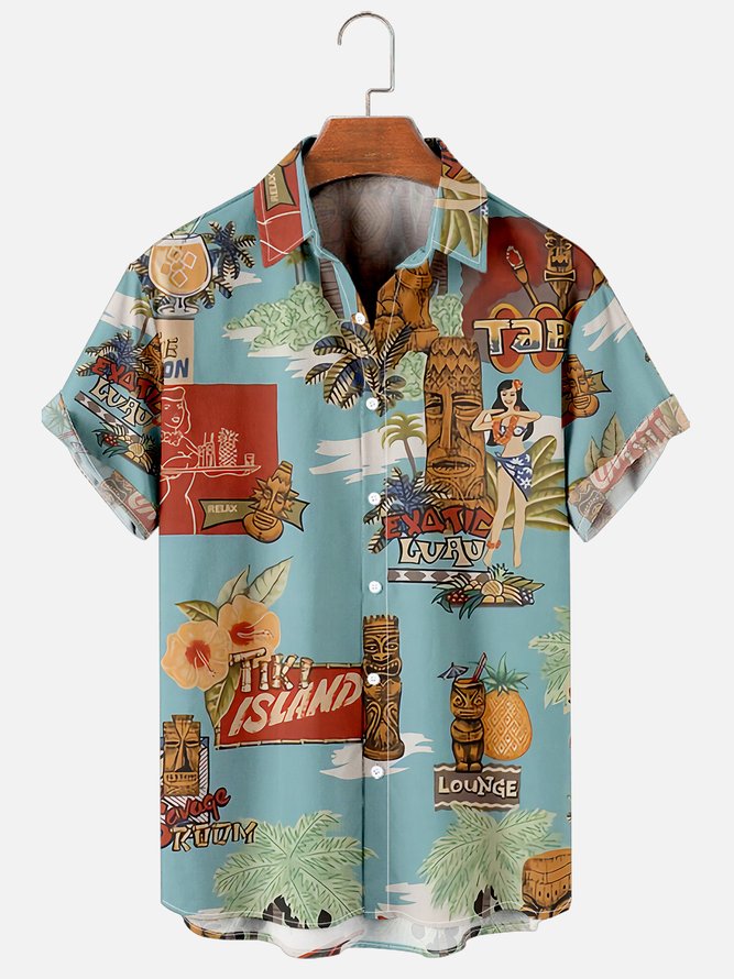 Men's Hawaiian Shirt Tiki Bar Print Cotton Blend Short Sleeve Shirt For Couples