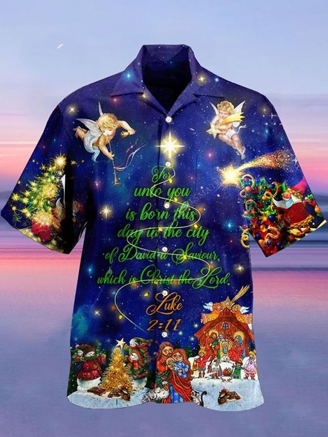 Men's Christmas Short Sleeve Print Casual Shirt