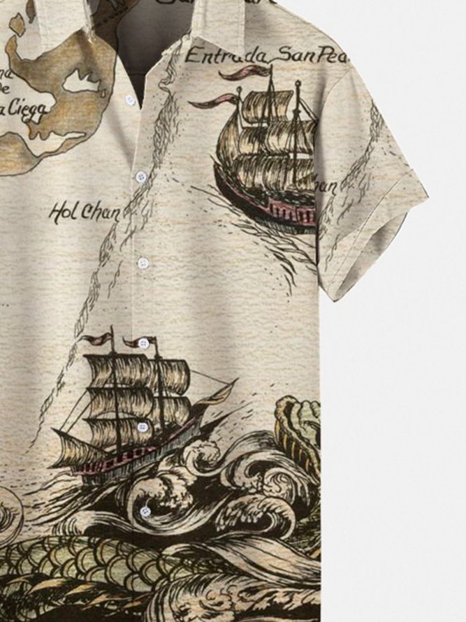 Men's Vintage Map Navigation Ship Casual Printed Shirts & Tops