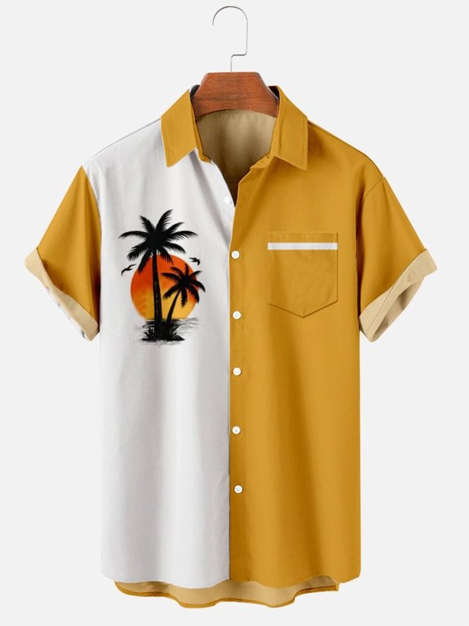 Men's Simple Casual Holiday Coconut Tree Pattern Shirt With Pockets