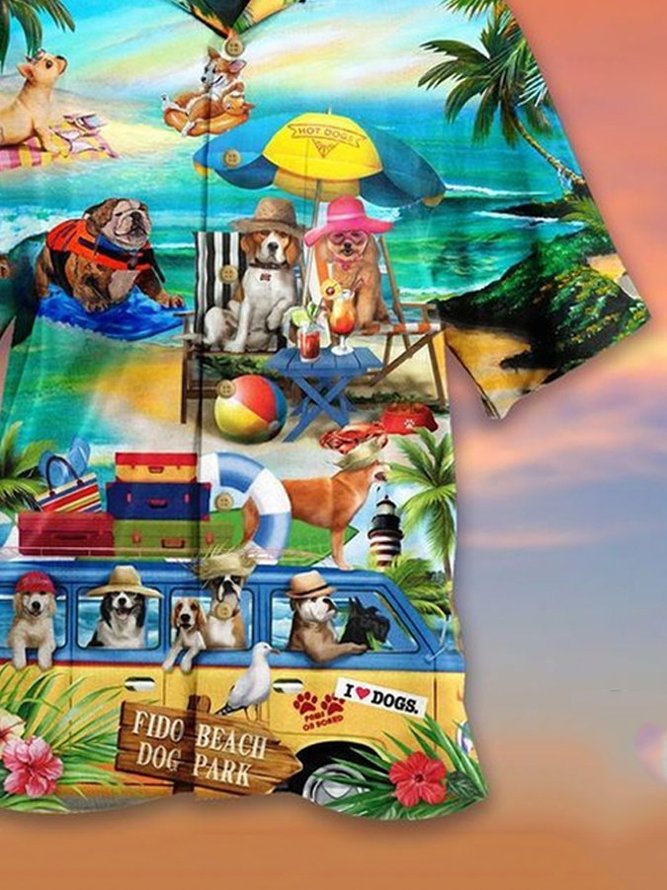 Men's Casual Puppy Dog in Fido Beach Park Hawaiian Shirts