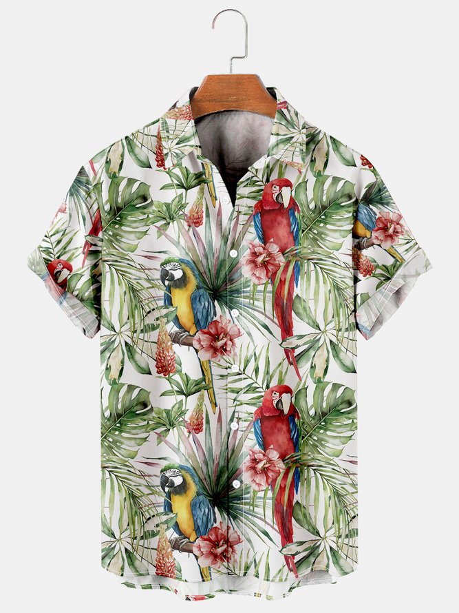 Mens Parrot Print Retro Breathable Hawaiian Shirt