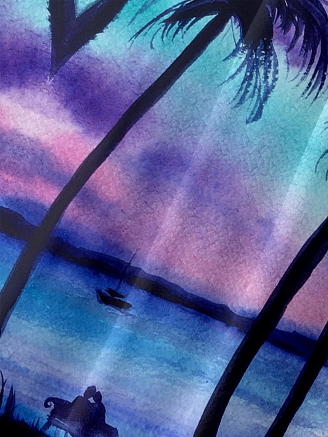Mens Coconut Tree Sunset Print  Breathable Tactical Hawaiian Shirts