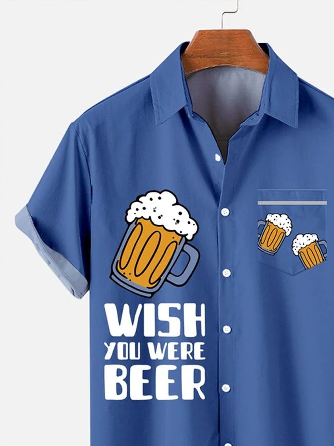 Mens Casual Beer Festival Printed Hawaiian Short Sleeve Shirt