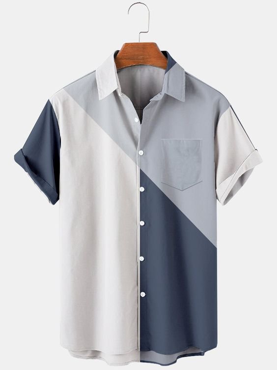 Blue Geometric Elegant Cotton-Blend Shirts & Tops