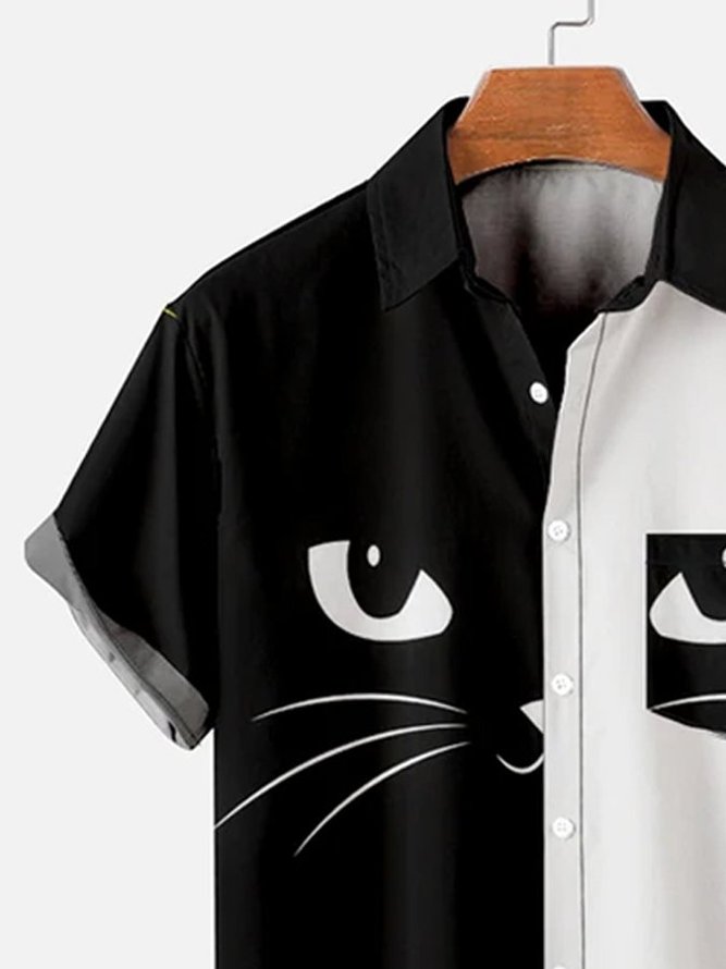 Simple Black And White Stitching Cat's Eye Print Pattern Shirt